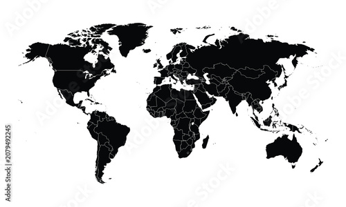 Black and white detailed world map illustration with country borders, perfect for global business, international travel, education, and geographic design.