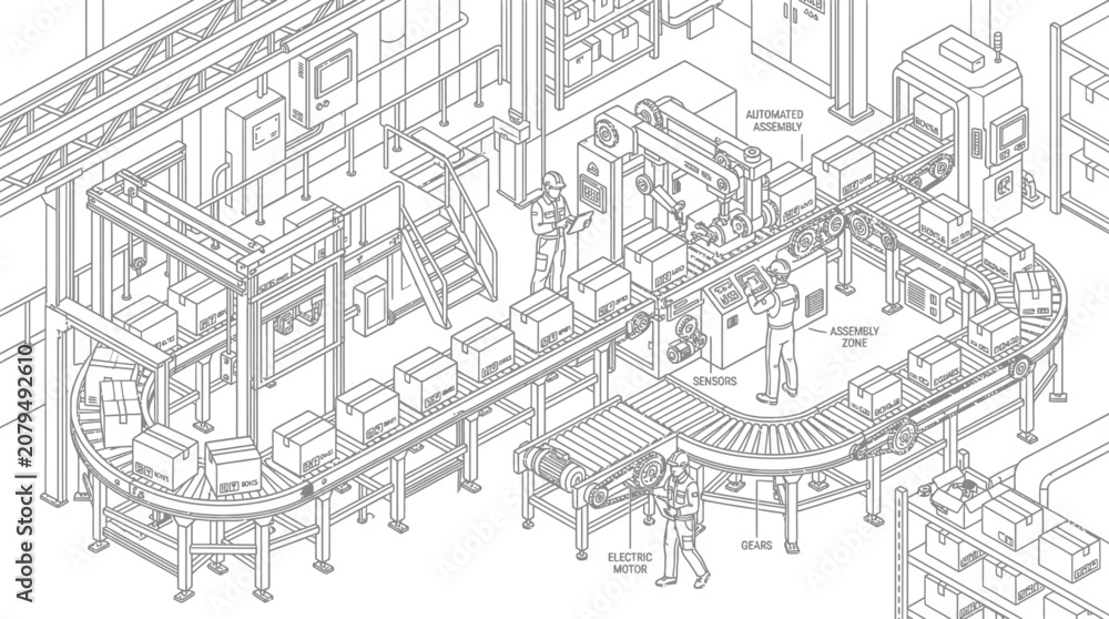 Fototapeta premium Automated Factory Conveyor Belt System Illustration.