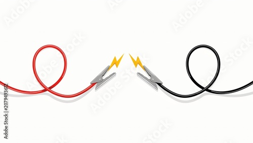 Red and black jumper cables with electric sparks shown in a flat style on white background
