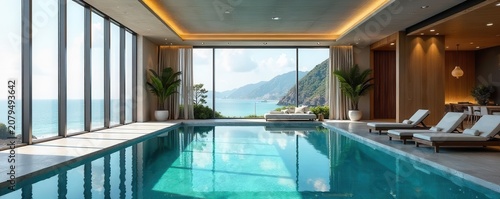 Luxurious indoor pool area with modern design and stunning views of nature through large glass windows