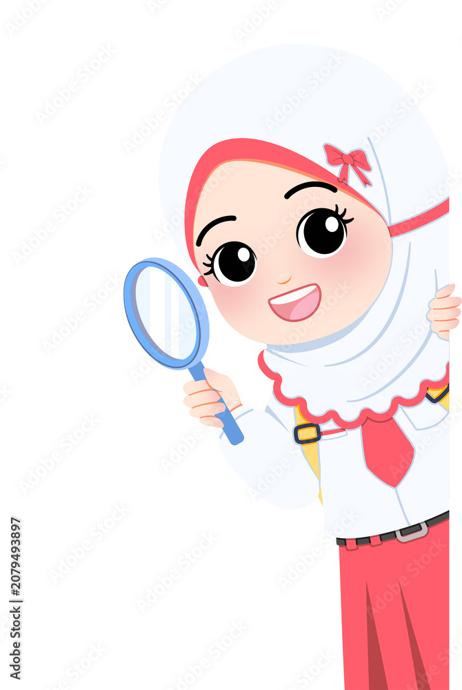 Fototapeta premium A cartoon girl in a hijab looks through a magnifying glass curiously.