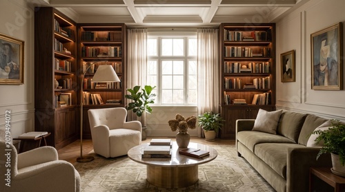 Classic elegant home library featuring with wooden bookshelves and soft ambient lighting