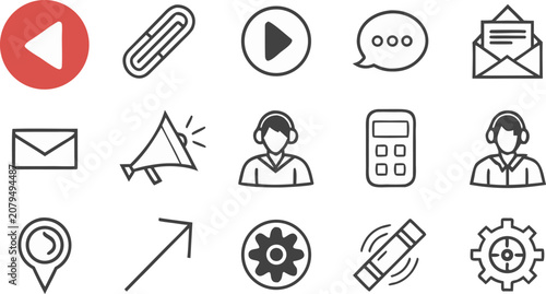 Foto Collection of communication and interface featuring a back button, paperclip, pl