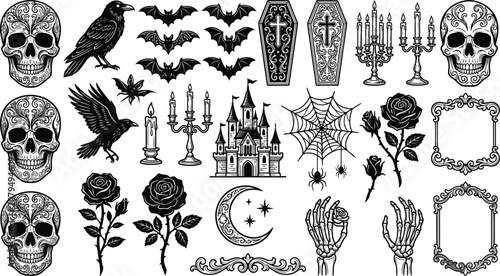 Fényképezés Halloween symbols and icons skulls bats coffins and spooky decorations for a fri