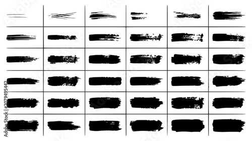 Brush Stroke Set with Black Paint Streaks and Textured Edges for Graphic Design and Typography Backgrounds