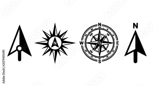 Compass Rose Icon with Arrows and Starburst Symbol for Navigation Direction Vector Diagram Design Concept