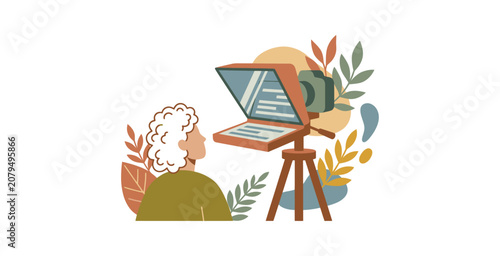Foto Public Speaker Using Teleprompter with Camera Flat Vector Illustration