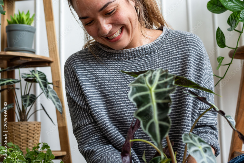 Fototapeta premium Joyful woman tending houseplants indoors.
