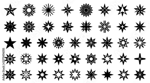 Stern Icon Set with Black Doodle Starburst Shapes and Sparkles Arranged in Rows for Decoration and Design