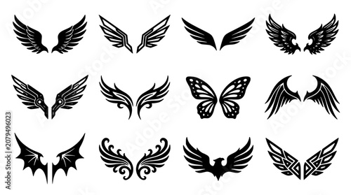 Wing Icons Set with Black Feathers, Butterflies and Ornate Fantasy Shapes for Emblem and Logo Design Vector