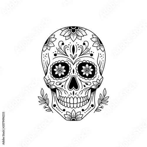 Black and white sugar skull with floral patterns isolated on transparent background