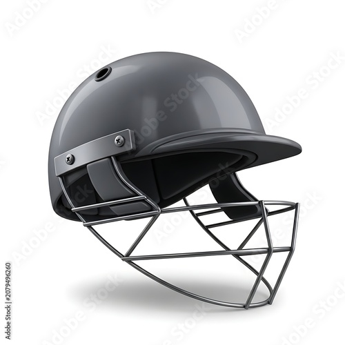 Black cricket helmet with metal face guard isolated on transparent background