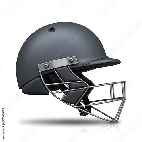 Black cricket helmet with metal face guard isolated on transparent background
