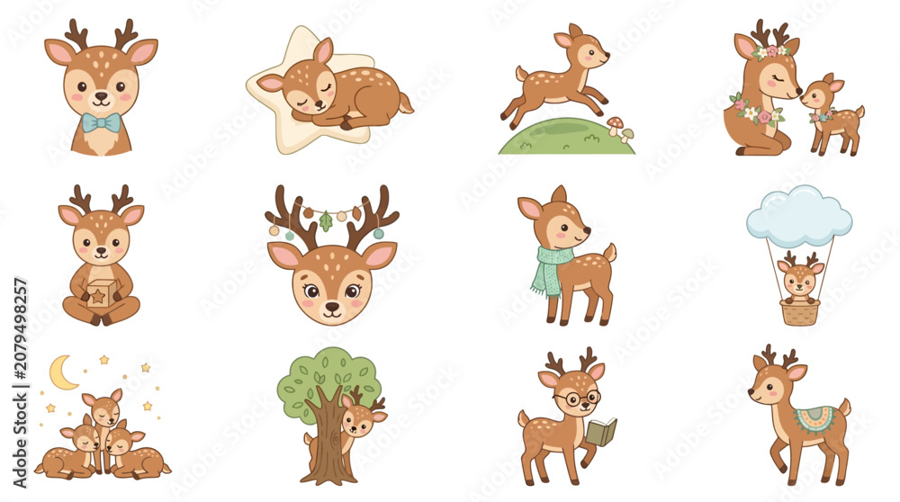 Obraz premium Set of cute cartoon baby deer illustrations for nursery design.