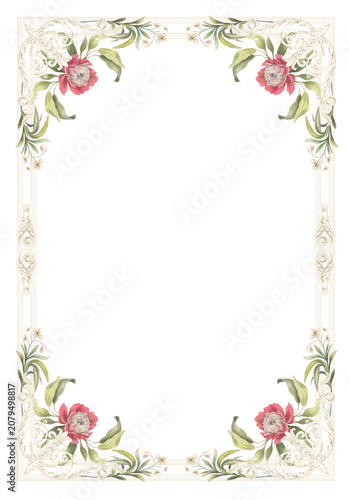 Floral baroque ornamental frame, hand-drawn watercolor design