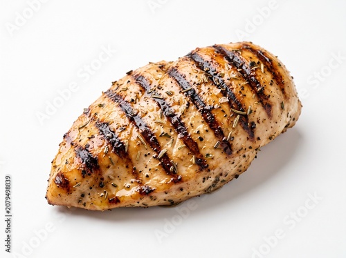 Appetizing seasoned grilled chicken breast featuring rich grill marks, isolated on white for restaurant menu design.