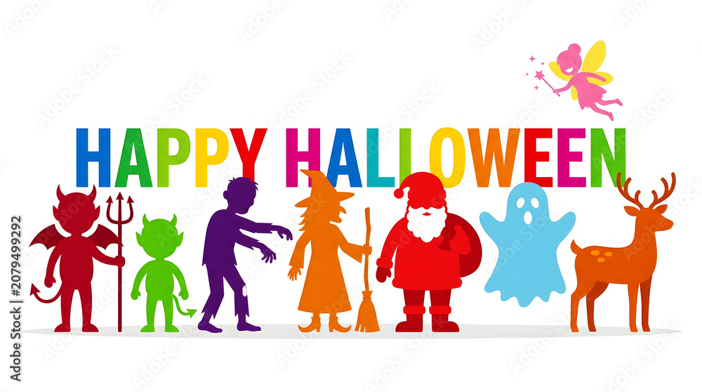 Naklejka premium Colorful Happy Halloween text with cartoon characters and a fairy image