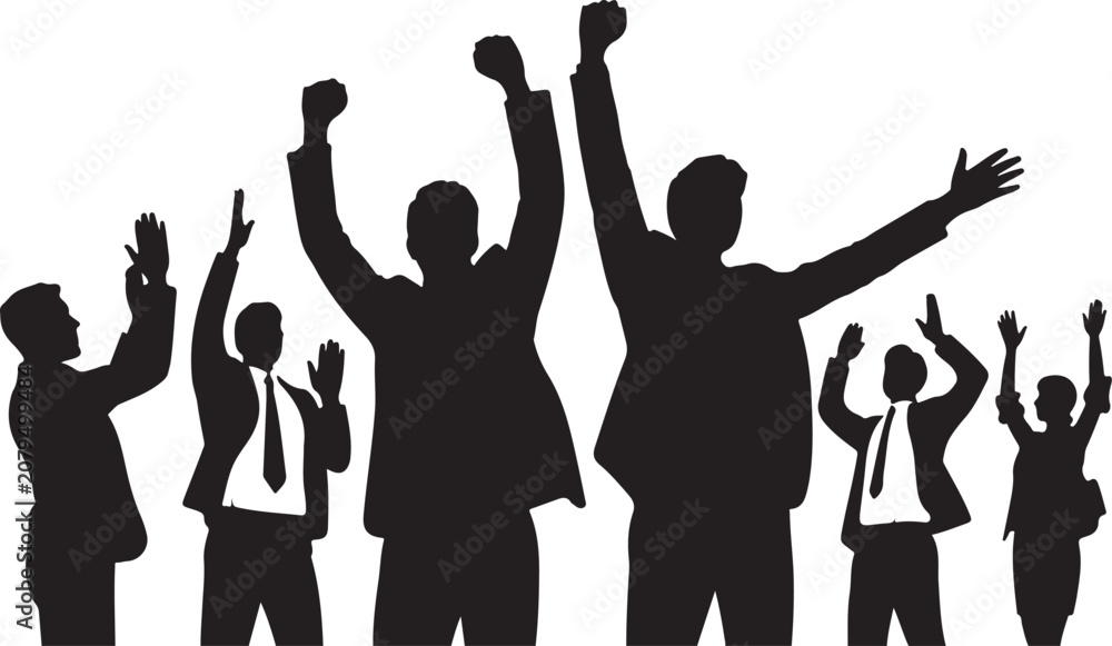Fototapeta premium Cheering crowd silhouette excited young people with hands up happy friends group nightclub discotheque cheerful visitors