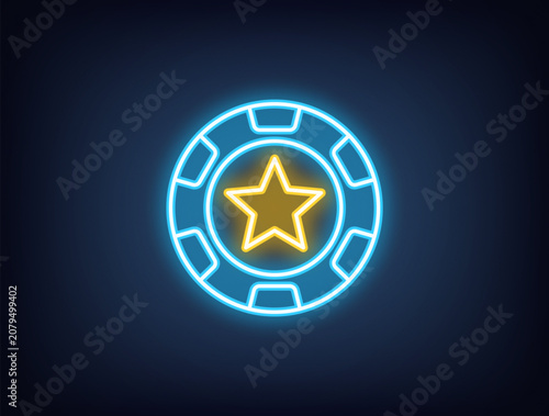 Outline neon star chip, blue yellow. Neon poker chip with star icon, casino club. Poker game, gamble sport, casino token win, gaming chip, gambling roulette game, money reward. Vector
