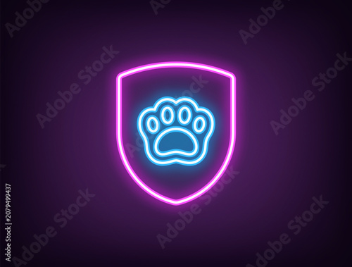 Outline neon animal protection, magenta blue. Neon security shield with animal paw sign. Pet life insurance, cats and dogs shelter, medical aid, animal protection community, pet care. Vector