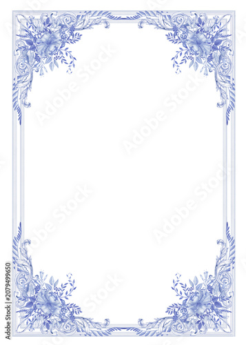 Blue toile frame, chinoiserie watercolor arrangement,  blue floral PNG frame, A4