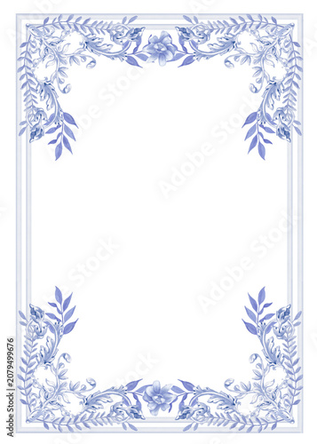 Blue toile frame, chinoiserie watercolor arrangement,  blue floral PNG frame, A4