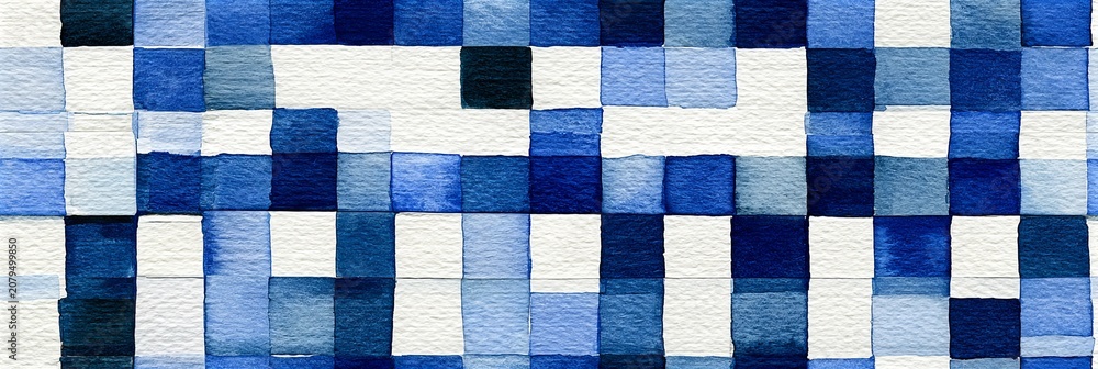 Fototapeta premium Blue watercolor gingham pattern creating abstract seamless background. Watercolor brushstrokes forming a decorative blue and white checkered pattern