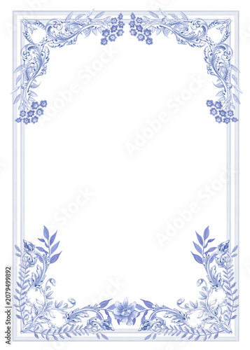 Blue toile frame, chinoiserie watercolor arrangement,  blue floral PNG frame, A4