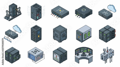 Photos Isometric collection of electronic components and devices.