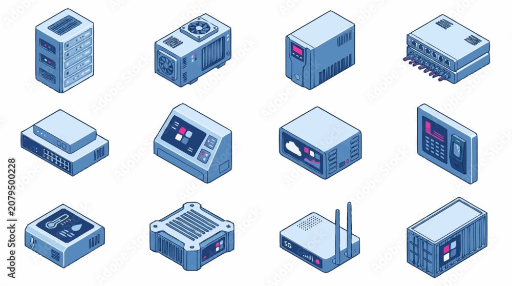 Fototapeta premium Isometric collection of modern electronic devices and servers.