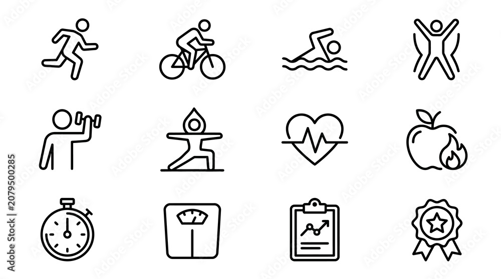 Fototapeta premium Fitness and Health Icons: Running, Cycling, Swimming, Yoga, Weight Loss, Healthy Food