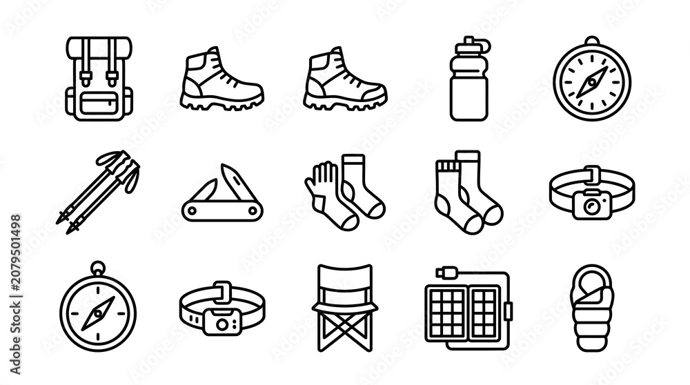 Fototapeta premium Hiking and Camping Gear Icons: Backpack, Boots, Compass, Tent, Solar Panel, Headlamp