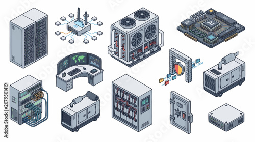 Photos Isometric collection of industrial machinery and equipment.