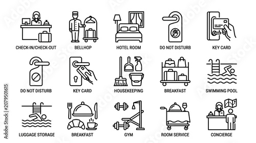 Hotel Service Icons: Check-in, Bellhop, Room, Do Not Disturb, Key Card, Housekeeping, Breakfast, Gym, Pool, Concierge
