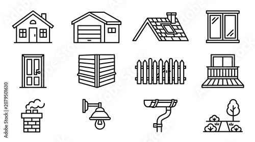 Home Exterior Elements Icons: House, Garage, Roof, Door, Window, Fence, Chimney