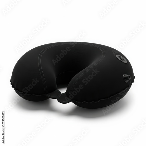 Black U-shaped travel neck pillow with snap closure isolated on white background