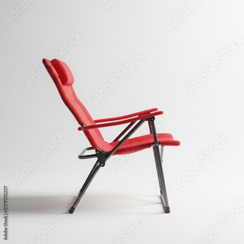Red folding chair with padded headrest and armrests on white background