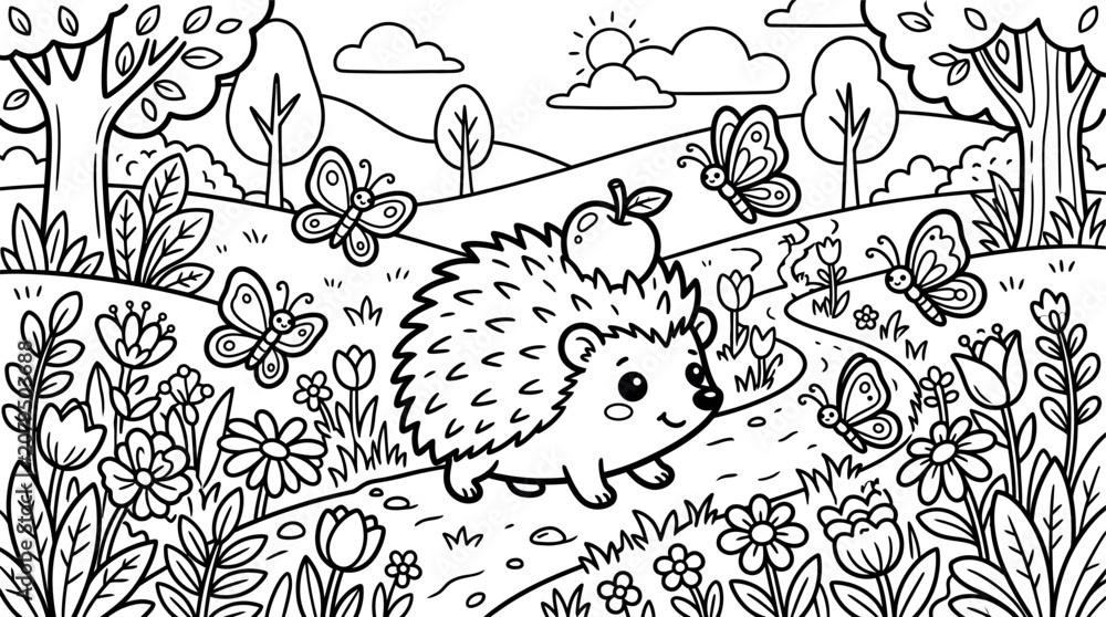 Fototapeta premium Hedgehog and butterflies coloer page vector illustration for kids activity books and coloring pages