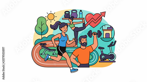 Active people engaged in various exercises and fitness activities