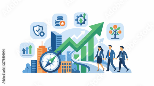 Business professionals navigate growth and investment in an urban landscape