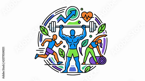 A colorful illustration of three people exercising with a leafy circular background