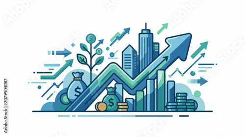 A stylized illustration of a growing plant with money bags and buildings