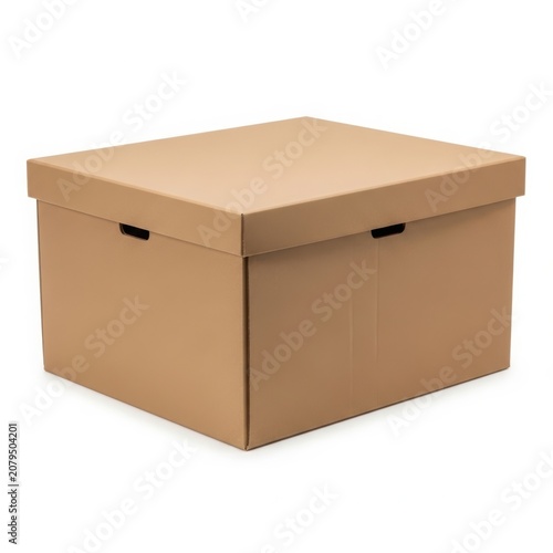 Brown corrugated cardboard storage box with lid and cutout handles isolated on white background