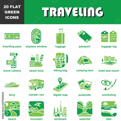 Traveling Flat Green Icon Set Collection – Boarding Pass, Airplane Window, Luggage, Passport, Camping, Beach, Mountain, Landmark, Adventure and Vacation Vector Icons