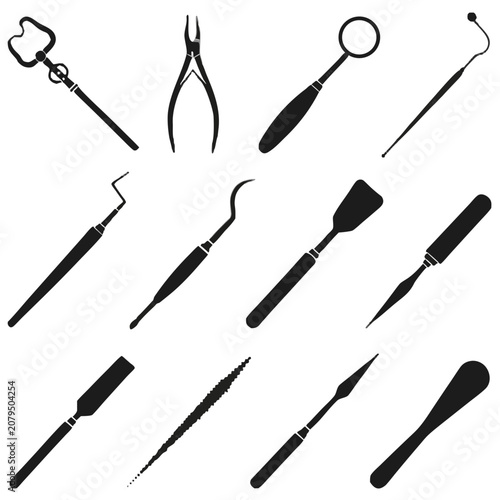 Antique dental instruments icon set