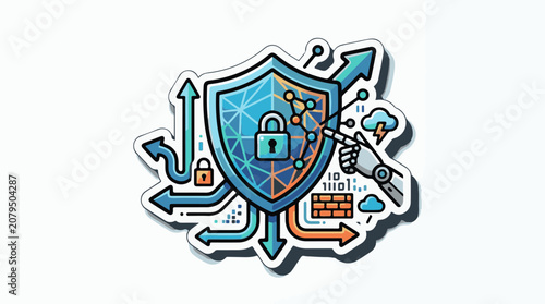 Digital security shield with data pathways robot hand and cloud