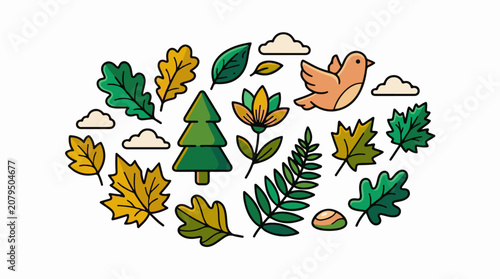 A colorful illustration of a bird trees leaves and clouds on a white background