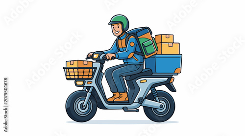 Cheerful delivery person on scooter with packages and backpack