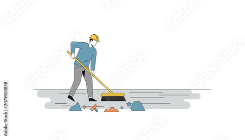 Construction worker using a broom to sweep debris on a floor in a flat design style illustration suitable for renovation or cleaning concepts.