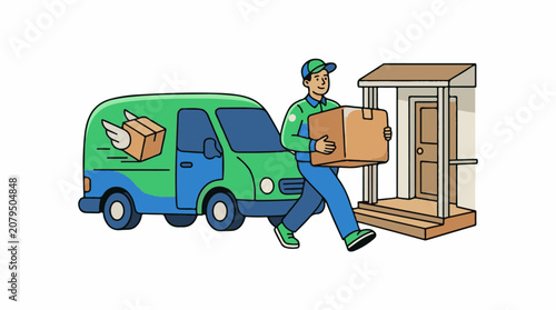 Delivery person carries a package to a house porch from a van